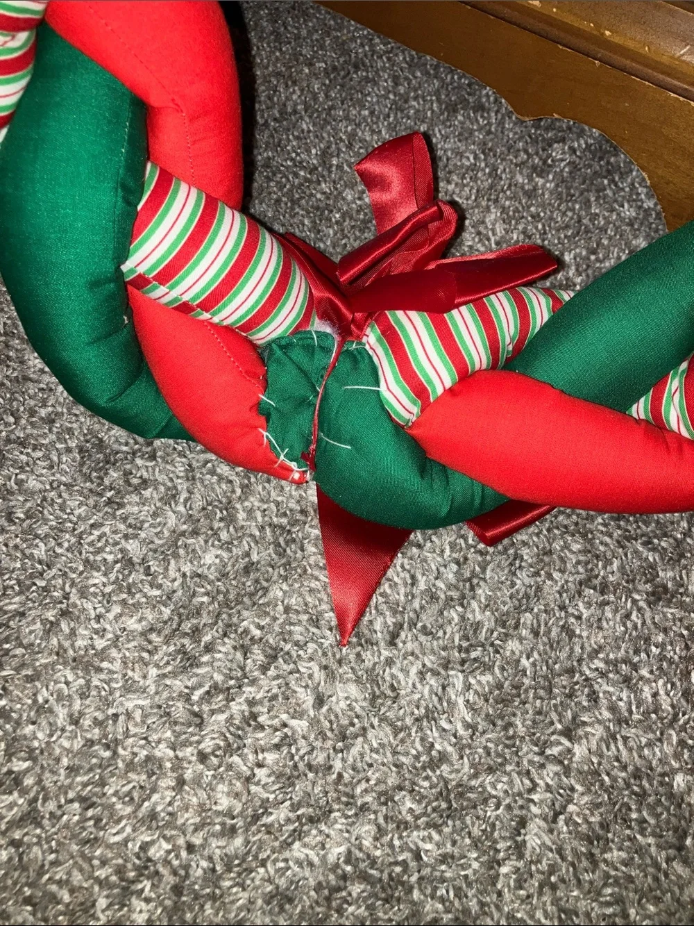 Handmade Holiday Braided Red & Green Wreath with Striped Accents 12”